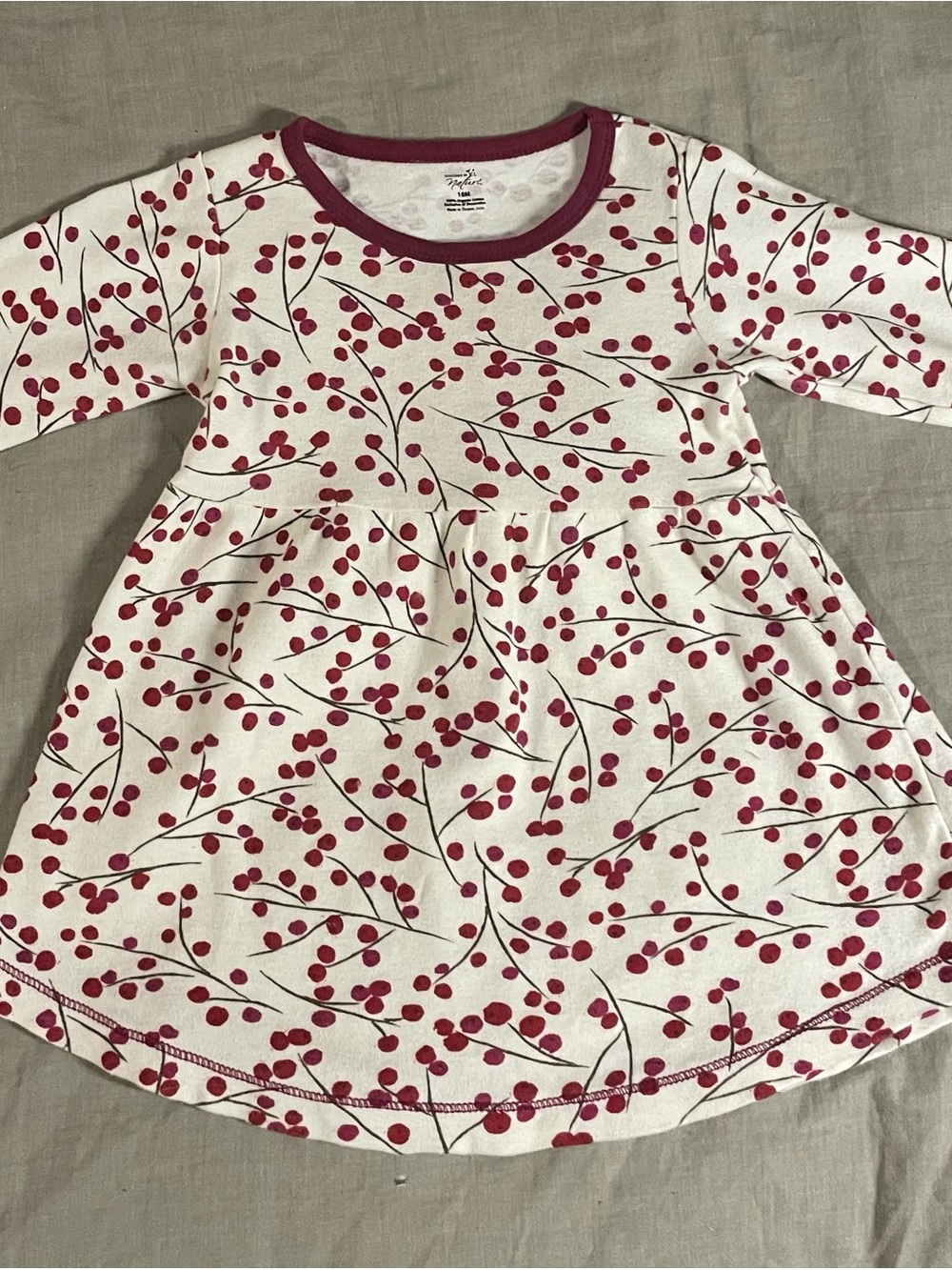Cream Long Sleeve Baby Dress with Red Berry Print